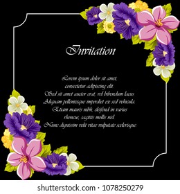 beautiful floral frame on black background. For your design of greeting cards, birthday cards and invitations, wedding, Valentine's day, party. Vector illustration.