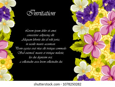 beautiful floral frame on black background. For your design of greeting cards, birthday cards and invitations, wedding, Valentine's day, party. Vector illustration.