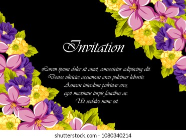 beautiful floral frame on black background. For your design of greeting cards, birthday cards and invitations, wedding, Valentine's day, party. Vector illustration.