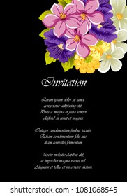beautiful floral frame on black background. For your design of greeting cards, birthday cards and invitations, wedding, Valentine's day, party. Vector illustration.