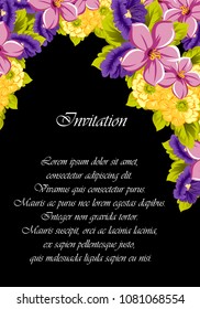 beautiful floral frame on black background. For your design of greeting cards, birthday cards and invitations, wedding, Valentine's day, party. Vector illustration.