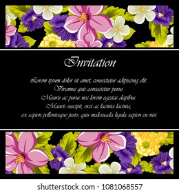 beautiful floral frame on black background. For your design of greeting cards, birthday cards and invitations, wedding, Valentine's day, party. Vector illustration.