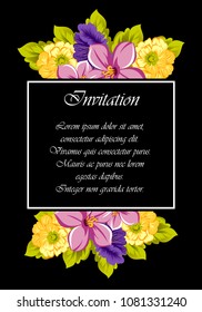 beautiful floral frame on black background. For your design of greeting cards, birthday cards and invitations, wedding, Valentine's day, party. Vector illustration.