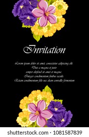 beautiful floral frame on black background. For your design of greeting cards, birthday cards and invitations, wedding, Valentine's day, party. Vector illustration.