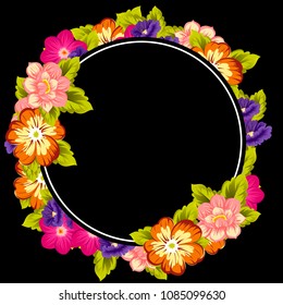 beautiful floral frame on black background. For your fabric design, clothing, printed matter. Greetings and cards for birthday, wedding, Valentine's day and more. Vector illustration.