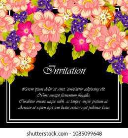 beautiful floral frame on black background. For your fabric design, clothing, printed matter. Greetings and cards for birthday, wedding, Valentine's day and more. Vector illustration.