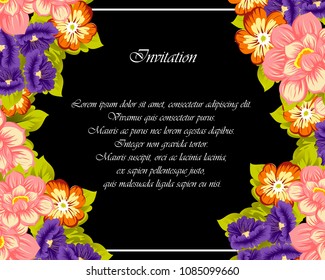 beautiful floral frame on black background. For your fabric design, clothing, printed matter. Greetings and cards for birthday, wedding, Valentine's day and more. Vector illustration.