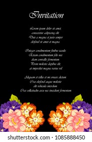 beautiful floral frame on black background. For your fabric design, clothing, printed matter. Greetings and cards for birthday, wedding, Valentine's day and more. Vector illustration.