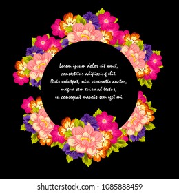 beautiful floral frame on black background. For your fabric design, clothing, printed matter. Greetings and cards for birthday, wedding, Valentine's day and more. Vector illustration.