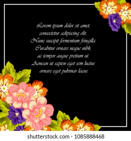 beautiful floral frame on black background. For your fabric design, clothing, printed matter. Greetings and cards for birthday, wedding, Valentine's day and more. Vector illustration.