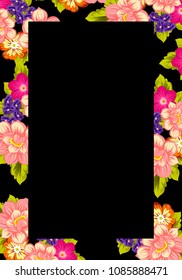 beautiful floral frame on black background. For your fabric design, clothing, printed matter. Greetings and cards for birthday, wedding, Valentine's day and more. Vector illustration.