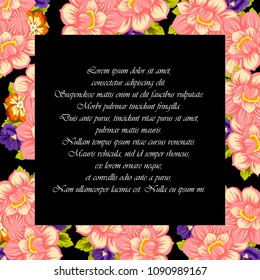 beautiful floral frame on black background. For your fabric design, clothing, printed matter. Greetings and cards for birthday, wedding, Valentine's day and more. Vector illustration.