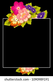 beautiful floral frame on black background. For your fabric design, clothing, printed matter. Greetings and cards for birthday, wedding, Valentine's day and more. Vector illustration.