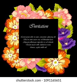 beautiful floral frame on black background. For your fabric design, clothing, printed matter. Greetings and cards for birthday, wedding, Valentine's day and more. Vector illustration.