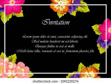 beautiful floral frame on black background. For your fabric design, clothing, printed matter. Greetings and cards for birthday, wedding, Valentine's day and more. Vector illustration.