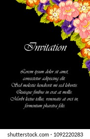 beautiful floral frame on black background. For your fabric design, clothing, printed matter. Greetings and cards for birthday, wedding, Valentine's day and more. Vector illustration.