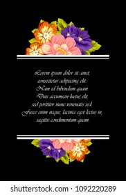 beautiful floral frame on black background. For your fabric design, clothing, printed matter. Greetings and cards for birthday, wedding, Valentine's day and more. Vector illustration.