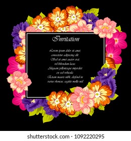 beautiful floral frame on black background. For your fabric design, clothing, printed matter. Greetings and cards for birthday, wedding, Valentine's day and more. Vector illustration.