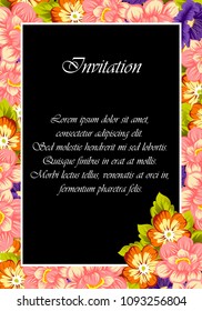 beautiful floral frame on black background. For your fabric design, clothing, printed matter. Greetings and cards for birthday, wedding, Valentine's day and more. Vector illustration.