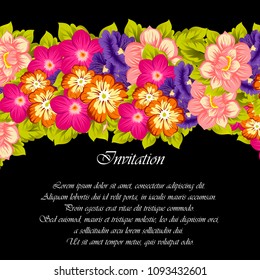 beautiful floral frame on black background. For your fabric design, clothing, printed matter. Greetings and cards for birthday, wedding, Valentine's day and more. Vector illustration.