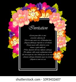 beautiful floral frame on black background. For your fabric design, clothing, printed matter. Greetings and cards for birthday, wedding, Valentine's day and more. Vector illustration.