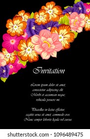 beautiful floral frame on black background. For your fabric design, clothing, printed matter. Greetings and cards for birthday, wedding, Valentine's day and more. Vector illustration.