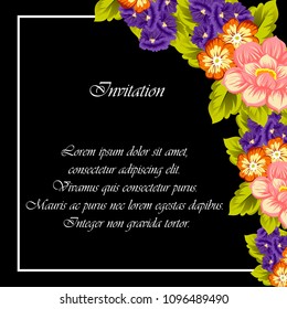 beautiful floral frame on black background. For your fabric design, clothing, printed matter. Greetings and cards for birthday, wedding, Valentine's day and more. Vector illustration.