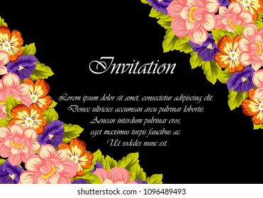 beautiful floral frame on black background. For your fabric design, clothing, printed matter. Greetings and cards for birthday, wedding, Valentine's day and more. Vector illustration.