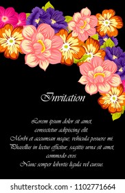 beautiful floral frame on black background. For your fabric design, clothing, printed matter. Greetings and cards for birthday, wedding, Valentine's day and more. Vector illustration.