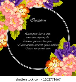 beautiful floral frame on black background. For your fabric design, clothing, printed matter. Greetings and cards for birthday, wedding, Valentine's day and more. Vector illustration.