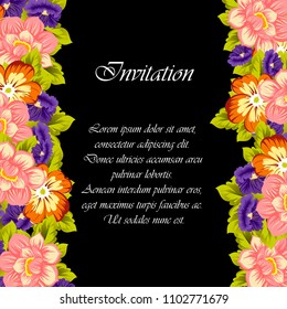 beautiful floral frame on black background. For your fabric design, clothing, printed matter. Greetings and cards for birthday, wedding, Valentine's day and more. Vector illustration.