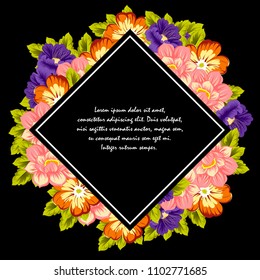 beautiful floral frame on black background. For your fabric design, clothing, printed matter. Greetings and cards for birthday, wedding, Valentine's day and more. Vector illustration.