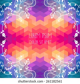 beautiful floral frame on geometric background, morning-glory flowers and place for your text, vector illustration