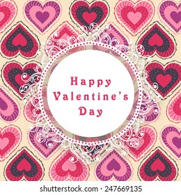 Beautiful floral frame on seamless hearts decorated background for Happy Valentines Day celebration.