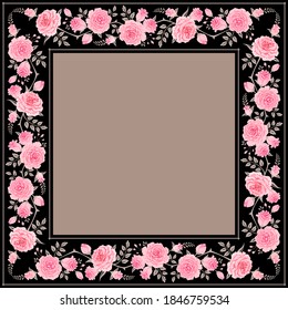 Beautiful floral frame pattern with pink roses and leaves. Vector vintage background.
