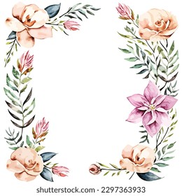 A beautiful floral frame with pink flowers and green leaf botanical art for wedding invitation