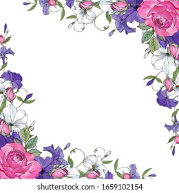 Beautiful floral frame with pink roses, white, violet flowers petunia and green leaves on white background. Hand drawn. For wedding invitations, greeting cards. Copy space. Vector stock illustration.