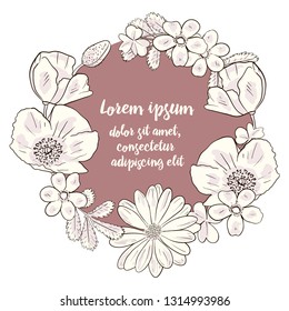 Beautiful floral frame with text. A retro greeting card for a wedding or birthday or a declaration of love. Circle shape. Vector design element.