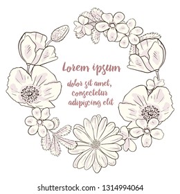 Beautiful floral frame with text. A retro greeting card for a wedding or birthday or a declaration of love. Circle shape. Vector design element.