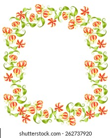 Beautiful floral frame with watercolor  Gloriosa superba, fire lily, flame lily flowers. Vector isolated on white background. Can be used for cards, invitations and decorative element