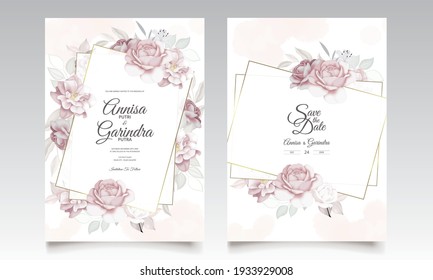  Beautiful floral frame wedding invitation card template Premium Vector