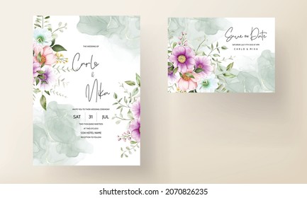 Beautiful floral frame wedding invitation card with watercolor flower and leaves