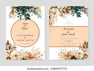 Beautiful floral frame wedding invitation card template. Premium vector illustration with hand-drawn watercolor art