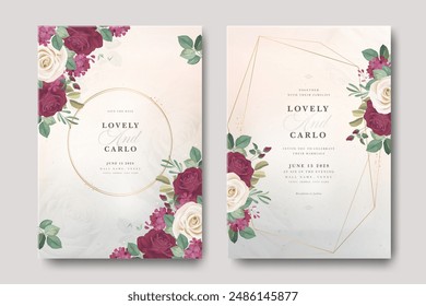 beautiful floral frame wedding invitation card with roses flower burgundy color
