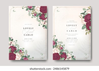 beautiful floral frame wedding invitation card with roses flower burgundy color