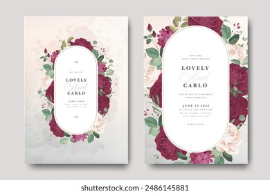 beautiful floral frame wedding invitation card with roses flower burgundy color