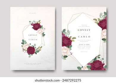 beautiful floral frame wedding invitation card with flowers burgundy color