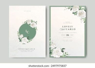 beautiful floral frame wedding invitation card with white roses flowers design	