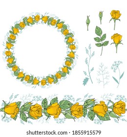 Beautiful floral frame, wreath, border. 
Wreath of yellow roses  isolated on white