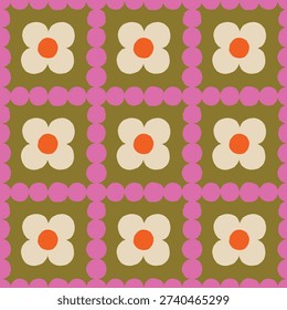 Beautiful Floral Geometric seamless pattern in retro style. Cute minimalist, mid‑century inspired surface design perfect for fabric, wallpaper, wrapping paper, packaging, stationery, scrapbooking, and kids or baby products
